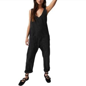 We The Free People High Roller Jumpsuit Black Denim Overalls Size Small